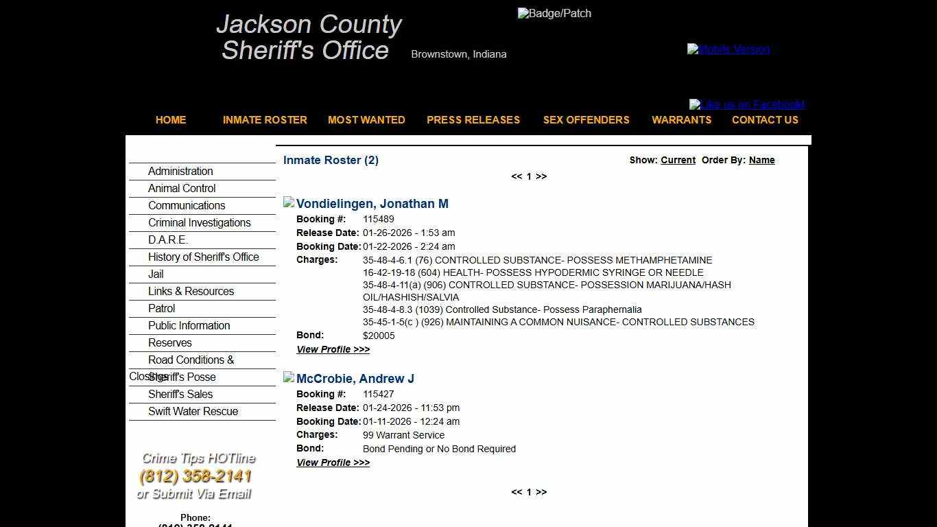 Inmate Roster - Released Inmates Booking Date Descending - Jackson County IN Sheriff